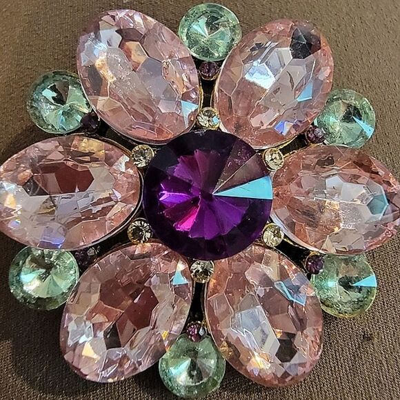 #Vintage Statement 2" Round #Brooch Deep Fuchsia Pink Lime Green Open Bck Flower - Picture 2 of 6